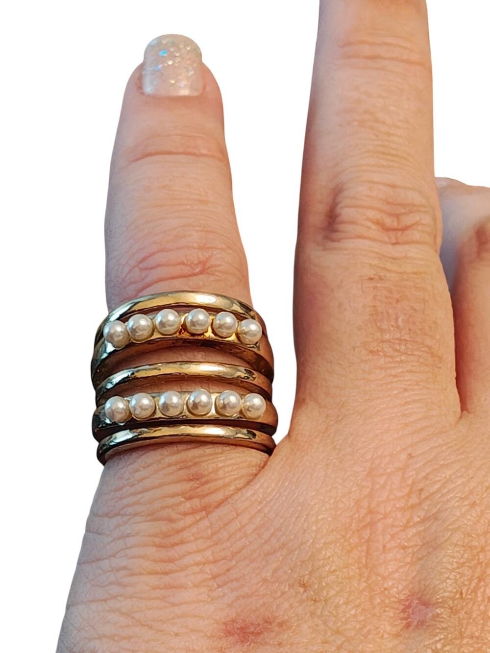 Vintage Gold Tone White Pearl Cluster Band Ring Multi Strand Statement Size 6.5